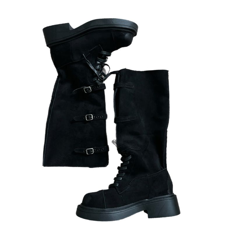 Kelvo Triple Buckle Belt Lace-Up Suede Oversole Long Boots (2 Colors)