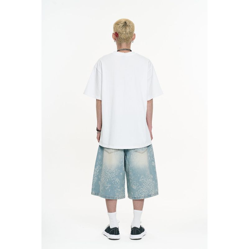 Leopard Bermuda Denim Pants - Light Blue