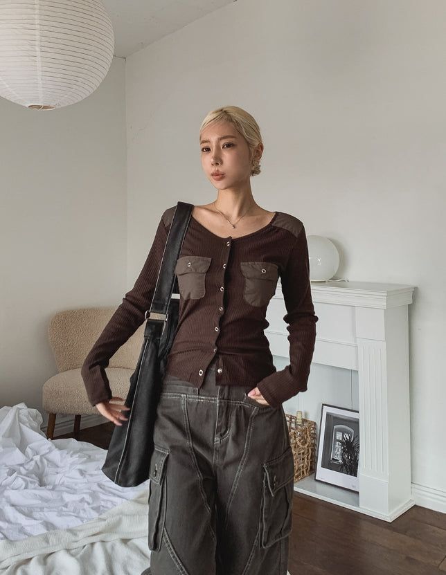 Luchi color matching pocket ribbed cardigan