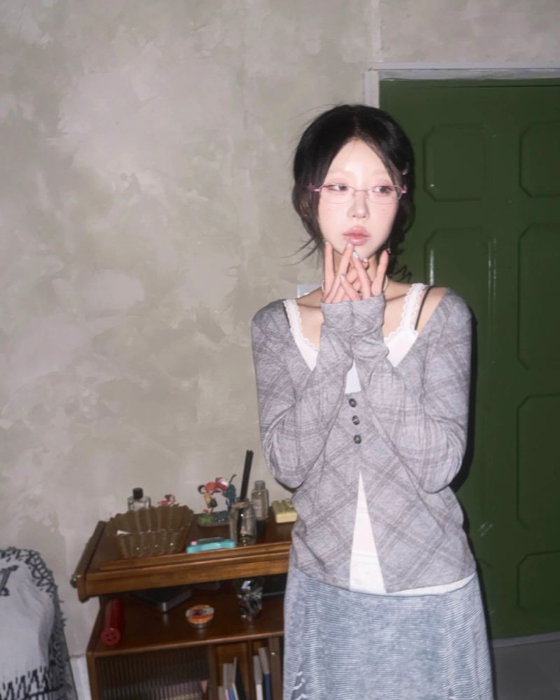 (3color) Blurred Argyle Slit Cardigan