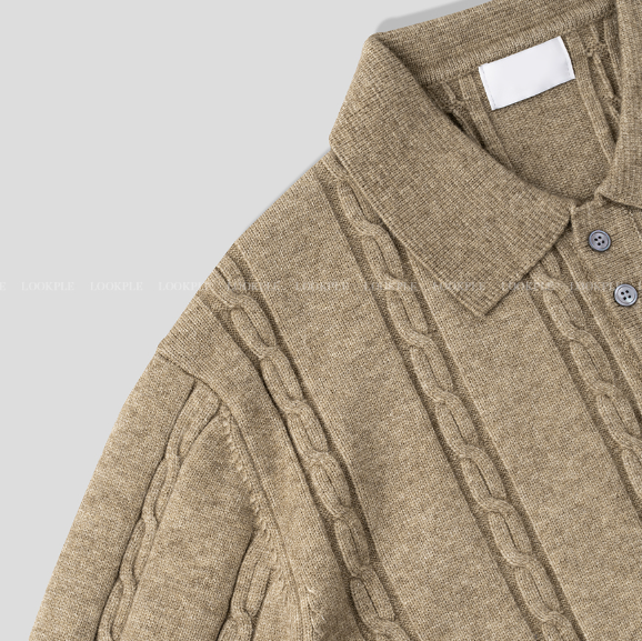 All-Day Cable Pattern Two-Button Collar Knit