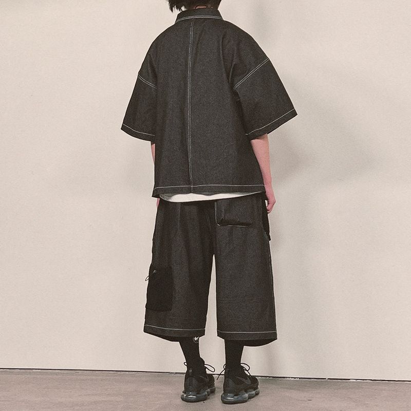 reverse terry pocket denim capri shorts_black