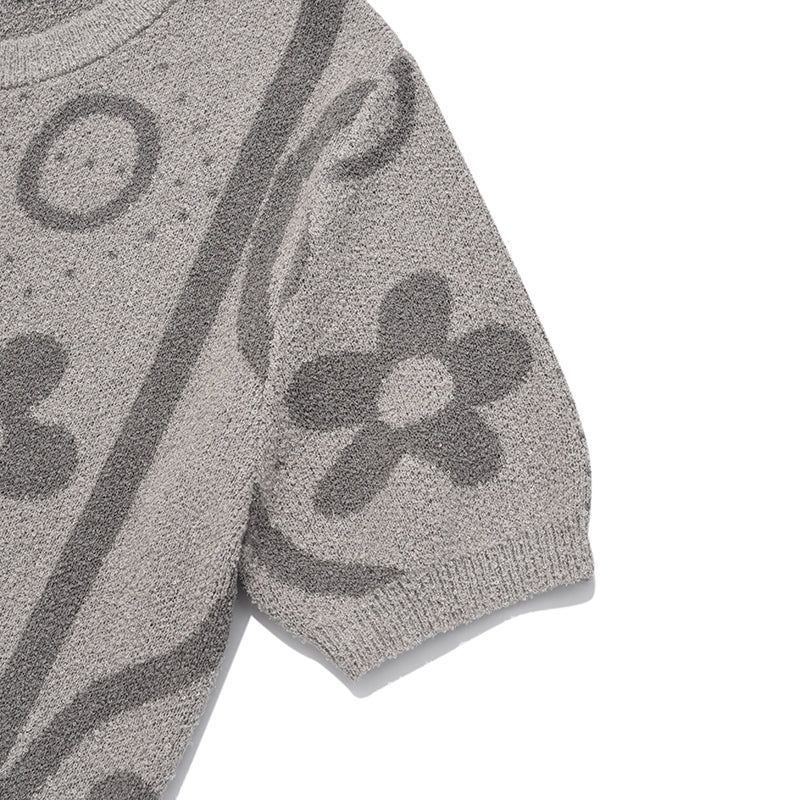 CHERRY JACQUARD PATTERN SHORT SLEEVE CARDIGAN [MELANGE GRAY]