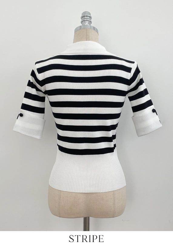 Ez Color Matching Button Short Sleeve Collar Knit