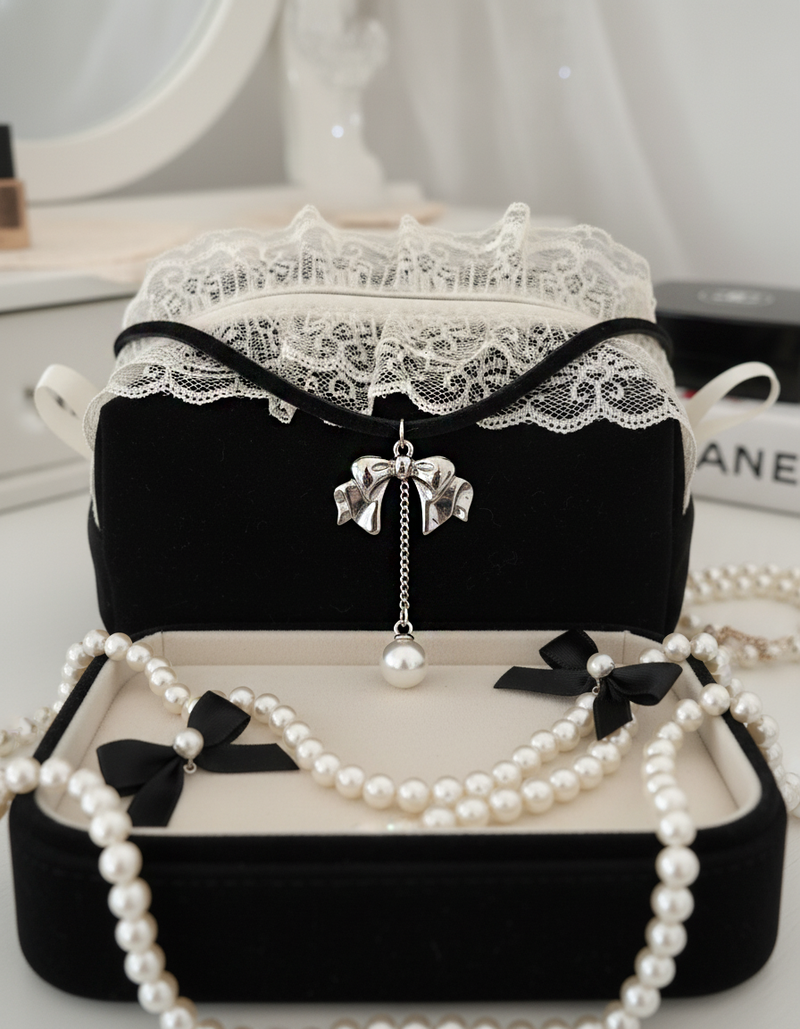 [IVE Wonyoung Necklace] Romantic bow and pearl drop choker - Silver Color