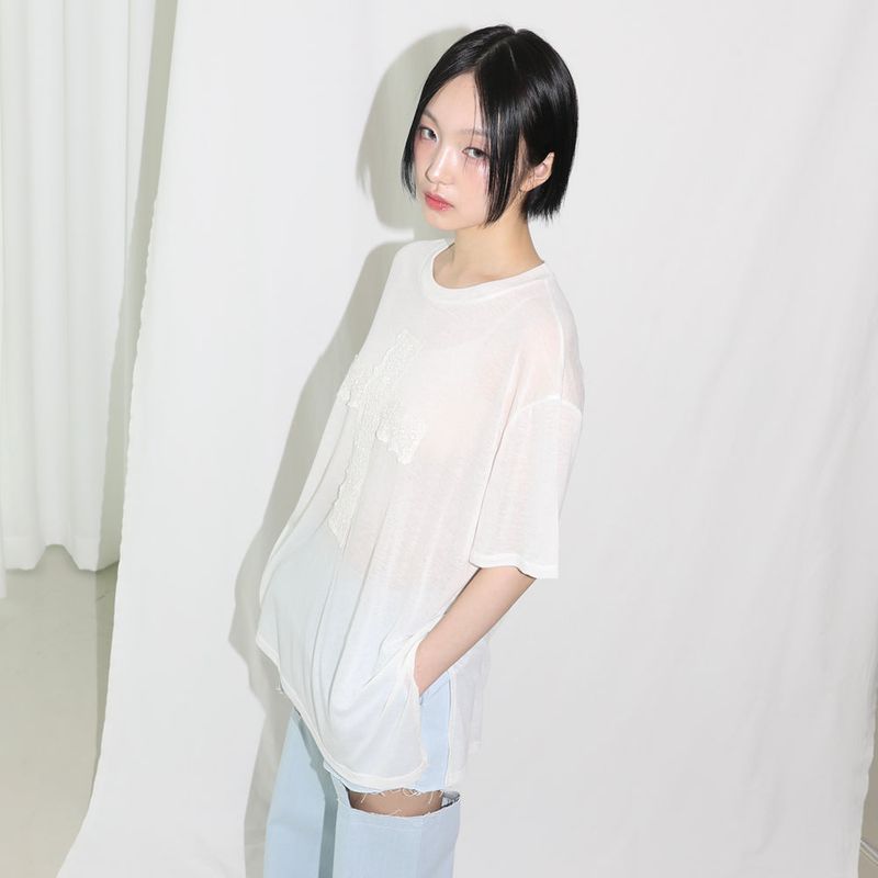 Lace Cross Half T-shirt - IVORY