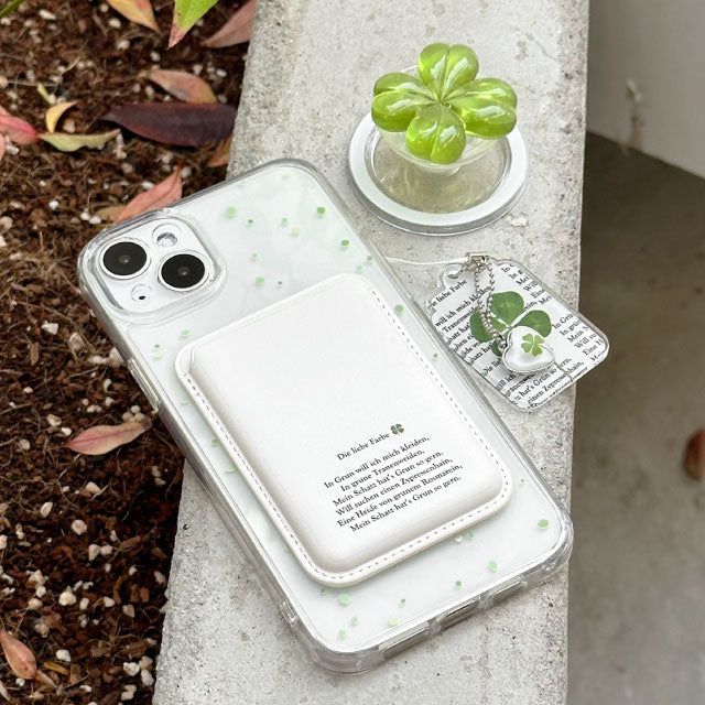 [SET]green four leaf clover magsafe case + card pocket + clover grip
