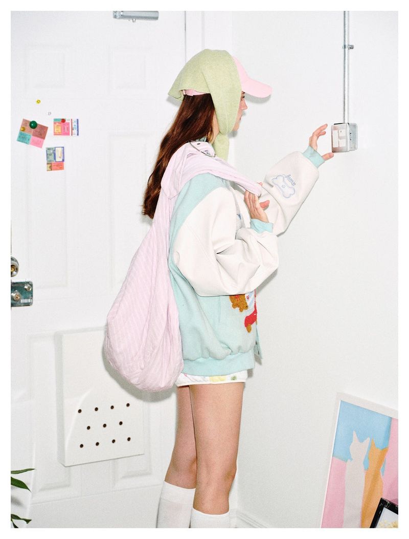 Preppy Accent Mint Cartoon Embroidered Varsity Jacket