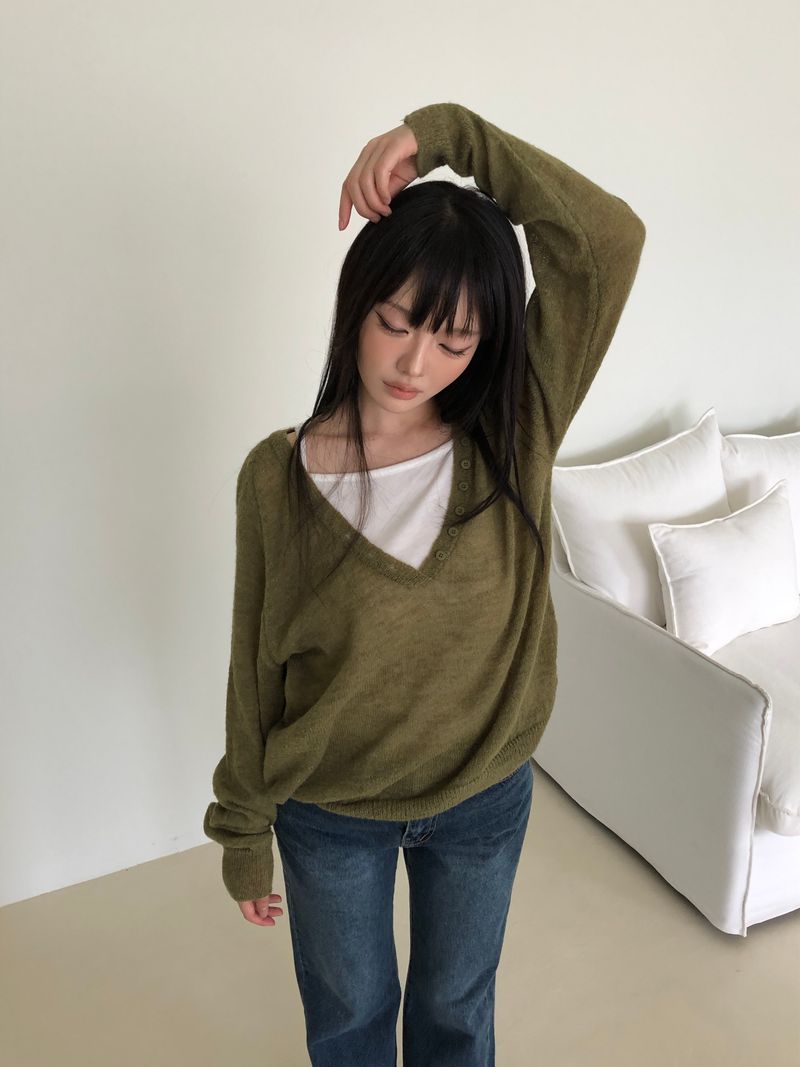 Diang Deep V-Neck Button Mohair Long-Sleeve Knit