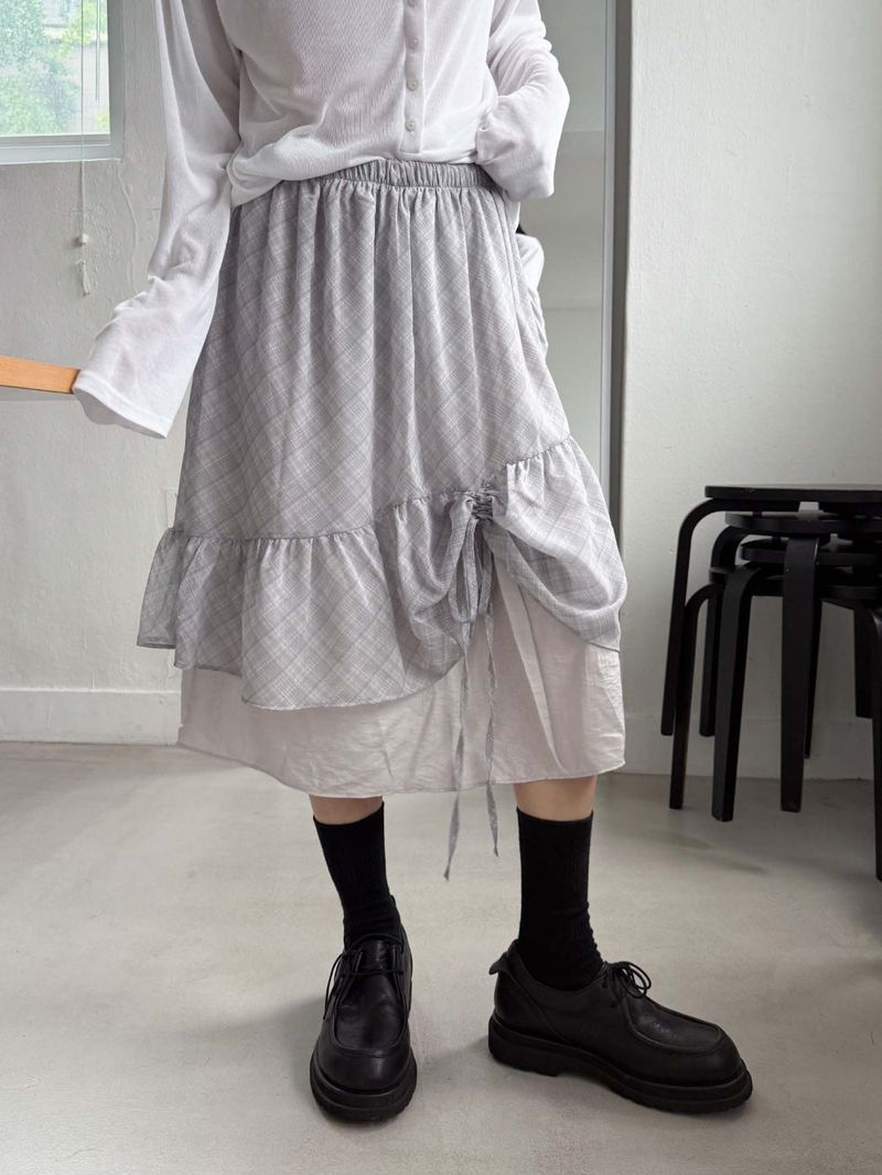 CHECK SHIRRING LAYERED SKIRT