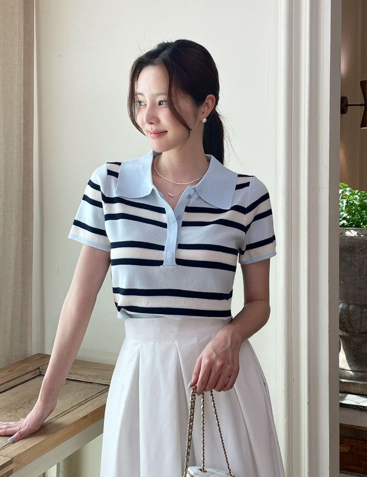 iam mari（アイアム マリ）の「Oldin Stripe Collar Short Sleeve Knit（Tops）」