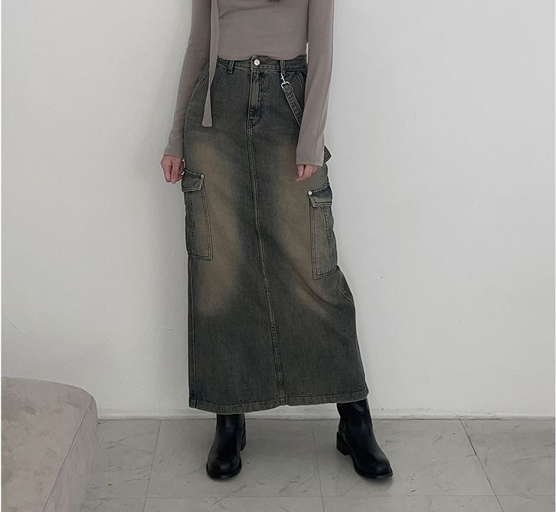 Work Vintage Cargo Denim Maxi Skirt