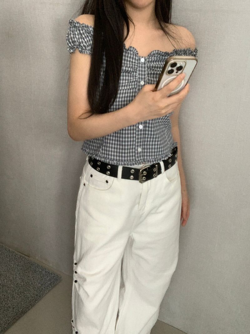 Aaron Check Off-Shoulder Ruffle Blouse 