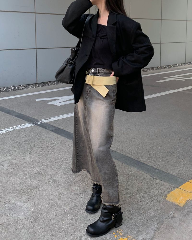 Rough denim long skirt