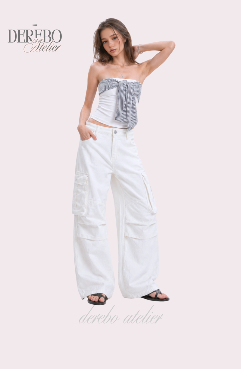 white wide pocket cotton casual pants