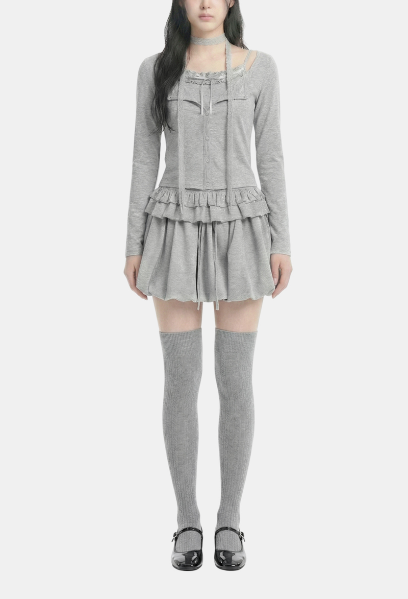 Miel Dot Frill Cardigan Set