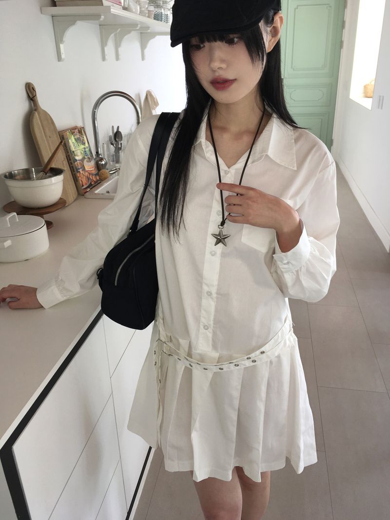 WONDER WONDER（ワンダーワンダー）の「Sawzen eyelet belt pleated shirt mini dress（Dresses）」