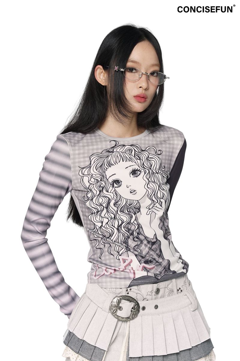 CONFUN（コンファン）の「CONFUN Original Slim-Fit Round Neck Cute Girl Printed Color-Block Base Shirt（Tops）」
