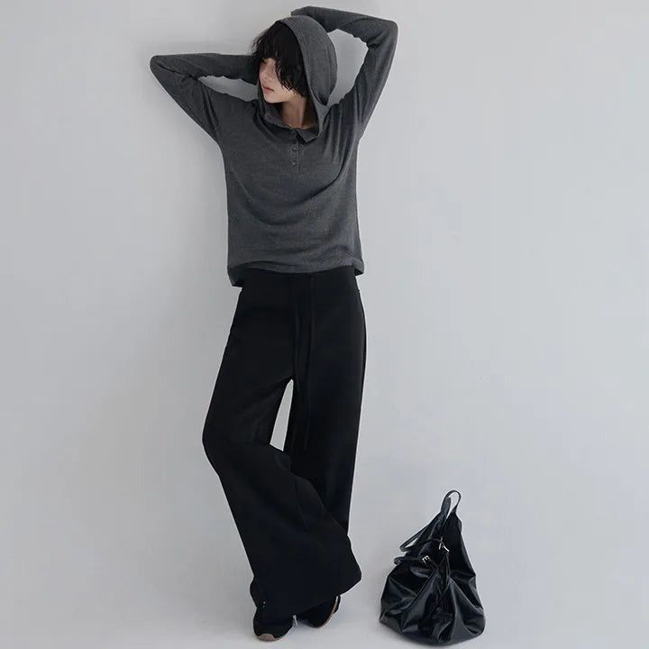 [Pairon]リブヘンリーネックフードTシャツ-3 colors