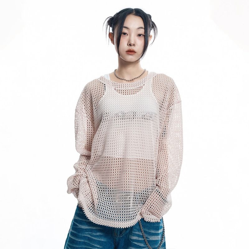 EASY NO EASY（イージーノーイージー）の「Cut Off Net Knit - BEIGE（Tops）」