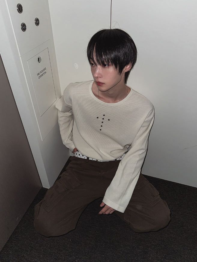 Crossing Rivet Ribbed Long Sleeve