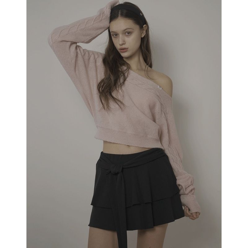 CABLE BOAT NECK KNIT-PINK