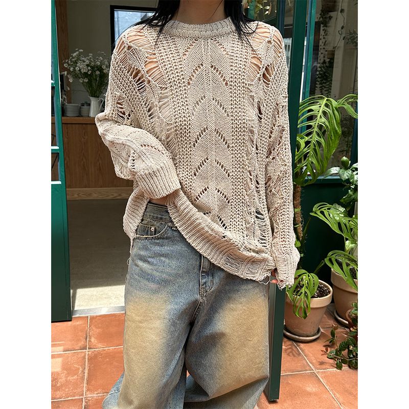 [PREMIUM] Grunge damage round neck knit (3color)