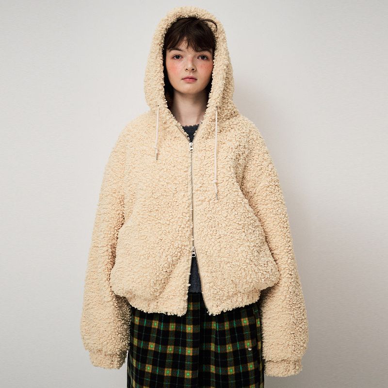 SHEARLING HOOD JUMPER, CUSTARD