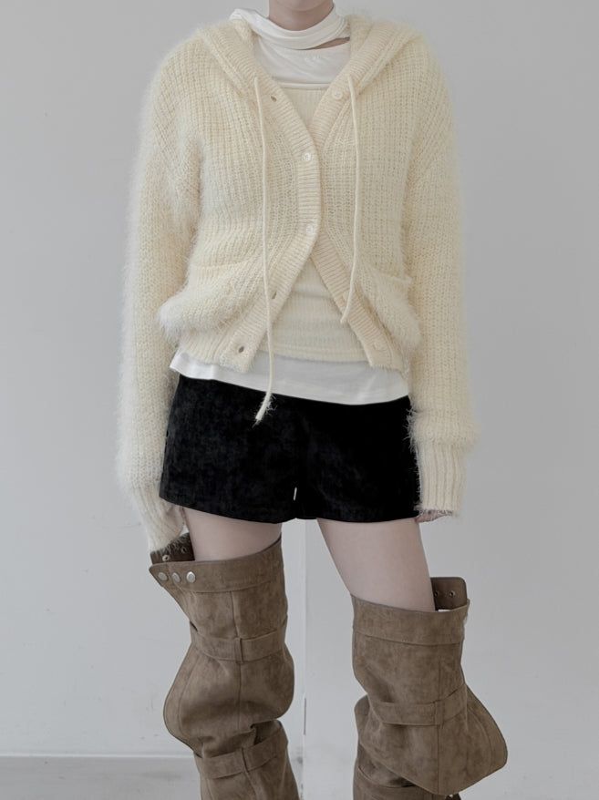 mnem（ムネム）の「Baron Knit Button Fur Hooded Cardigan（Tops）」