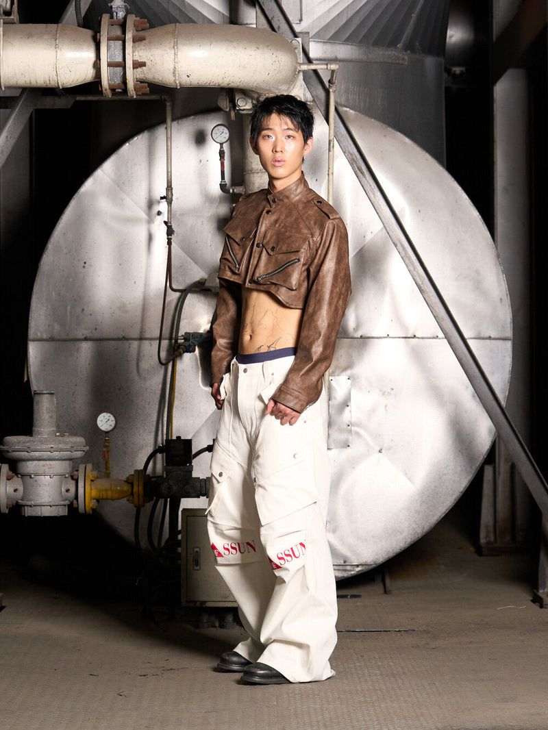 Leather Crop Cargo Jacket (Brown)