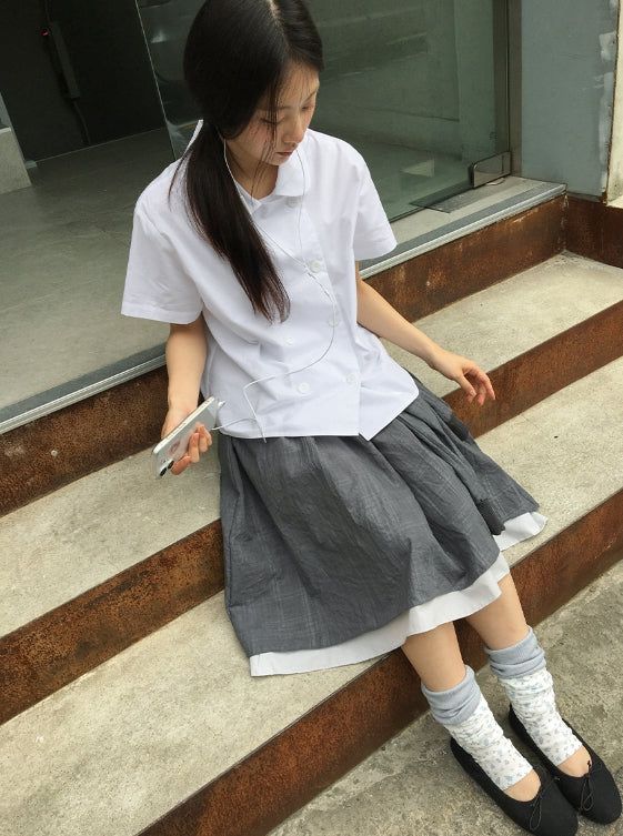 Karohi Sleeve Layered Check Shirring Midi Banding Skirt