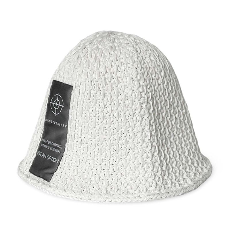 Over size long logo knit bucket hat_cold white