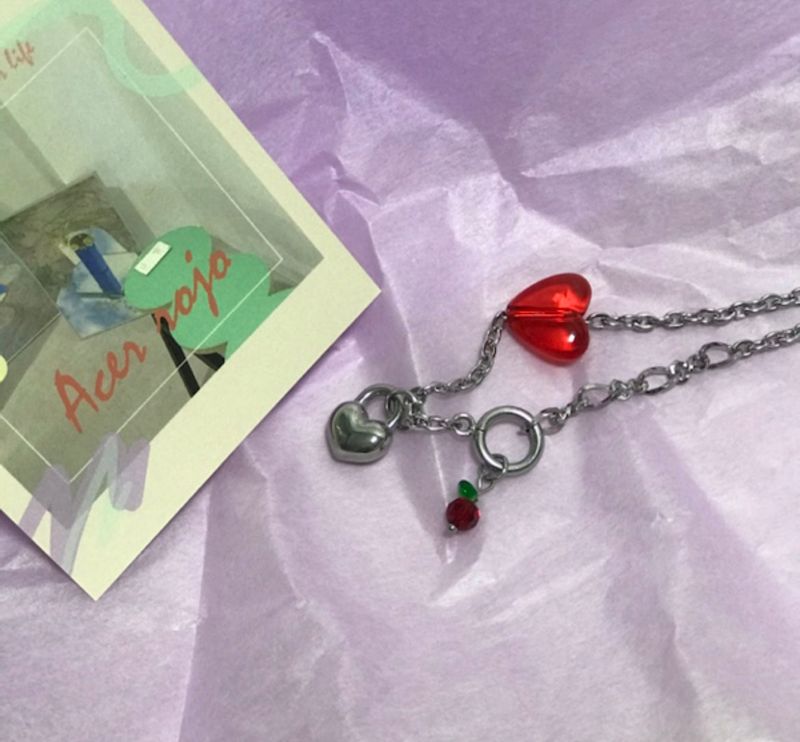 chi Kitchee Cherry Beads Heart Lock Handmade Necklace
