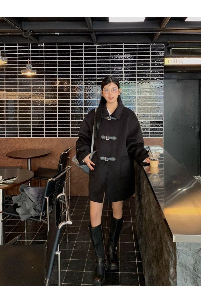 wool black collar buckle half coat
