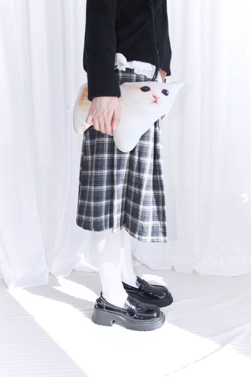 wool banding checkered midi skirt