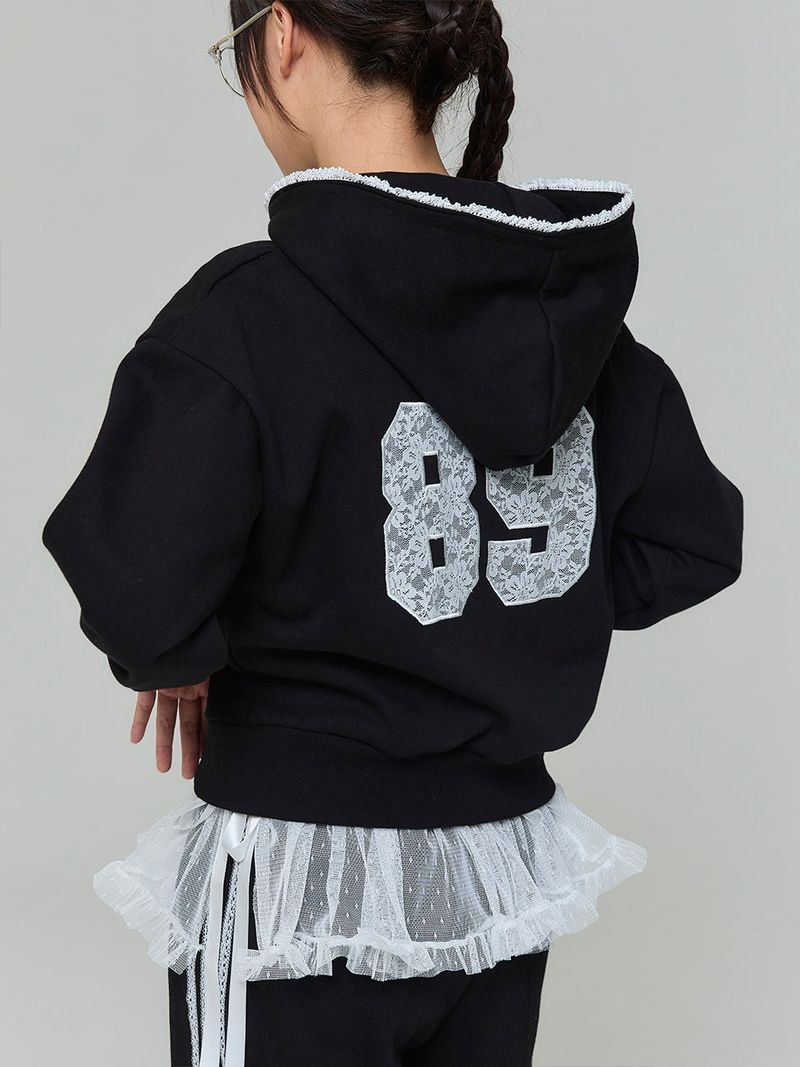 LACE APPLIQUE HOOD ZIP-UP - BLACK