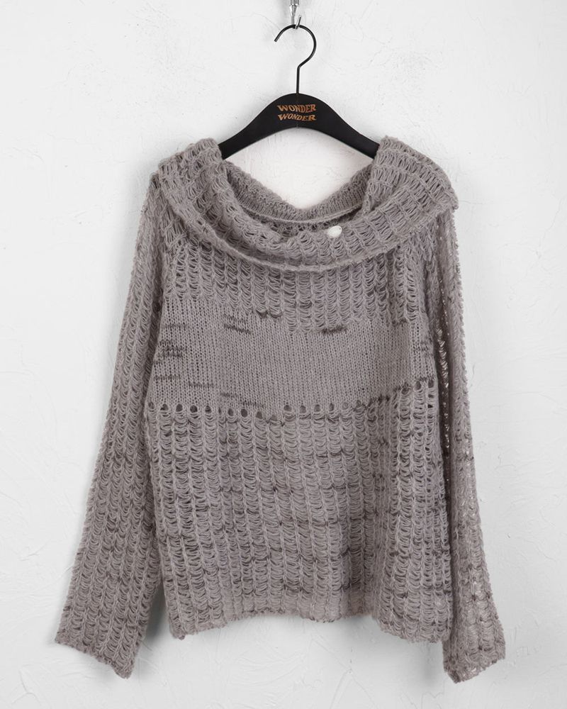 Shallo button printed net one-shoulder long-sleeve knit