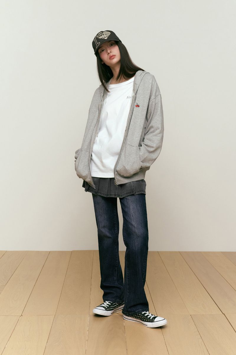 SMALL CHERRY REGULAR FIT HOODIE ZIP UP [MELANGE GRAY]