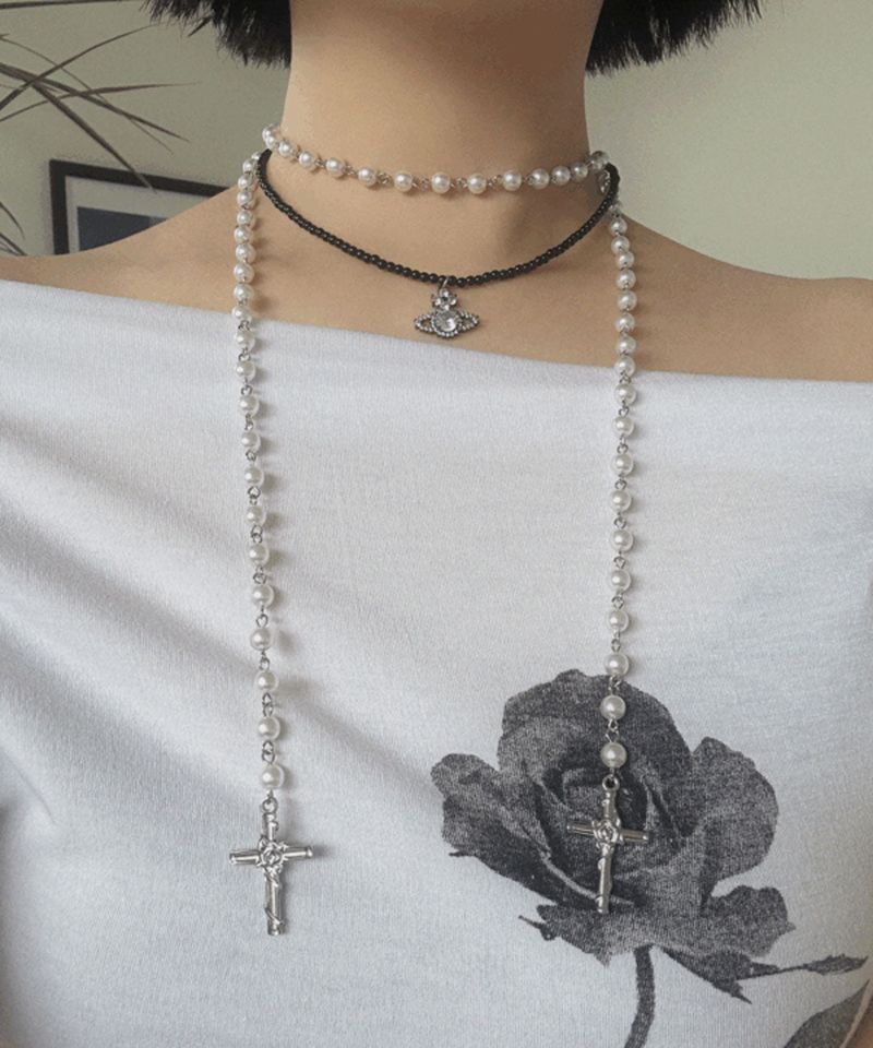 VIVIC（ビビク）の「CROSS PEARL CHAIN NECKLACE (IVORY, BLACK 2COLORS!)（Accessories）」