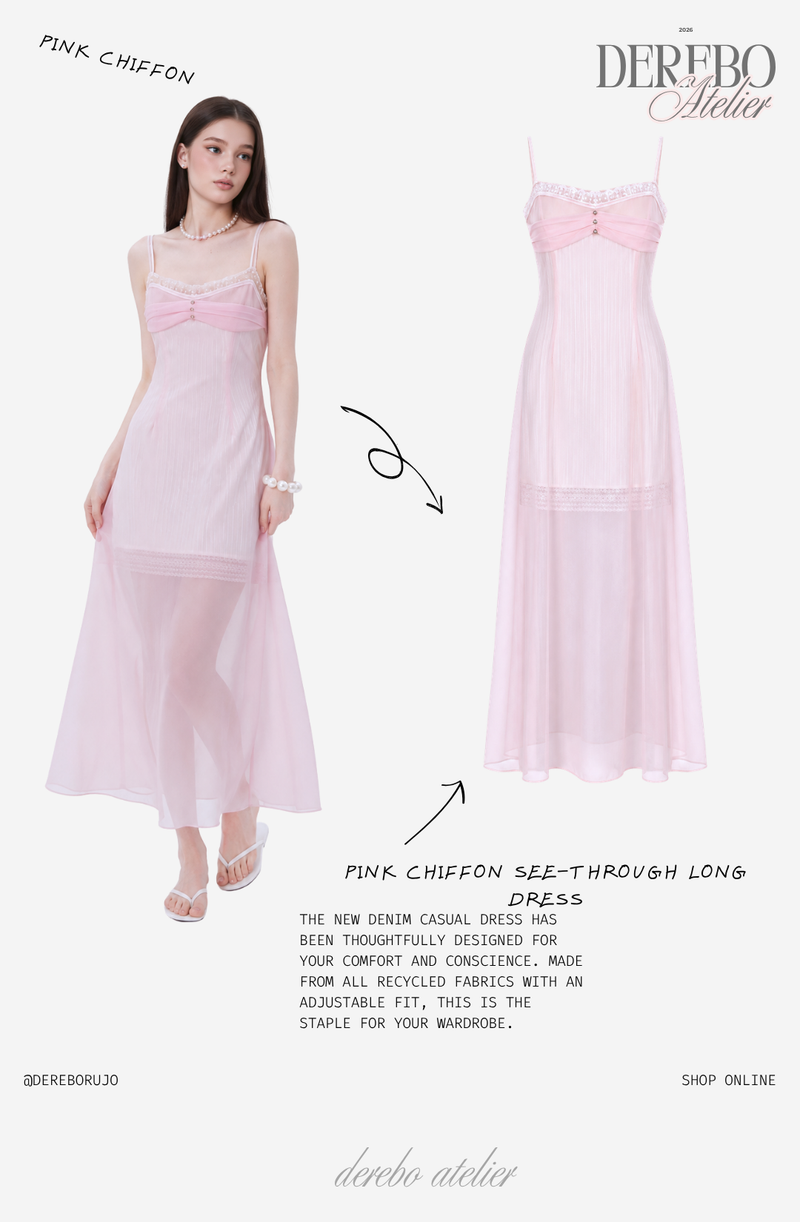 Pink chiffon see-through long dress