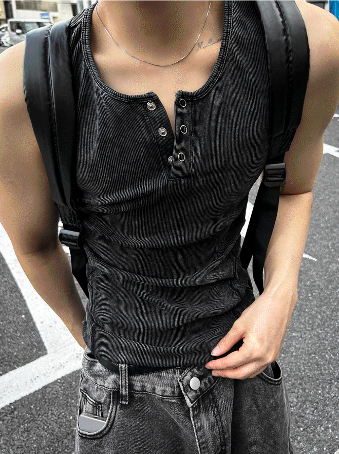 Pigment Dyeing Washing Vintage Muscle Fit Henley Neck Sleeveless Shirt