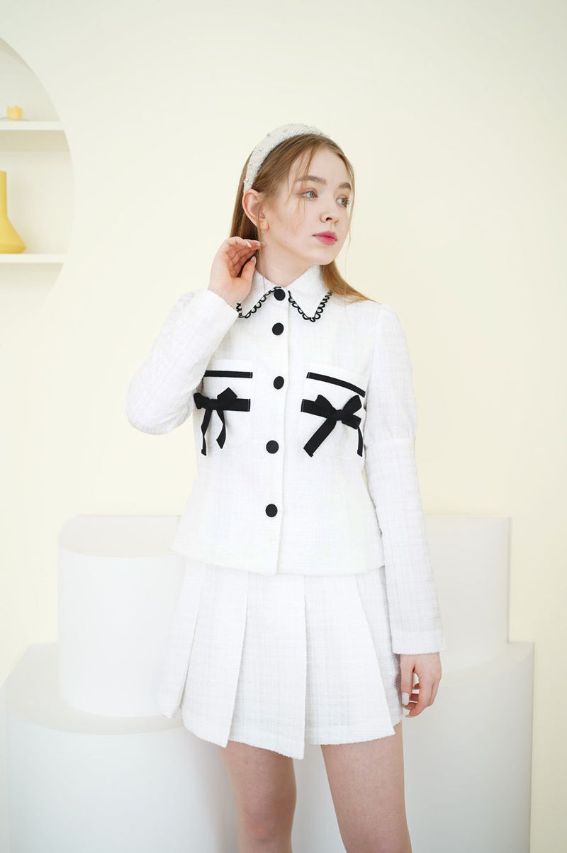 set tweed romantic jacket skirt white