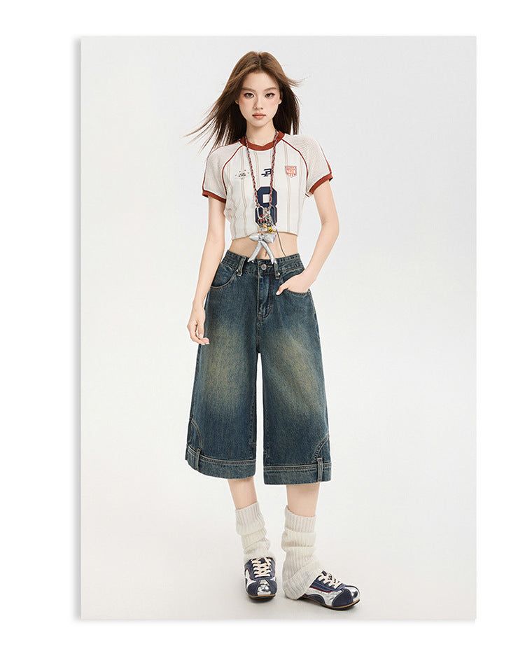 Reversed Detail Wide Denim Bermuda Pants