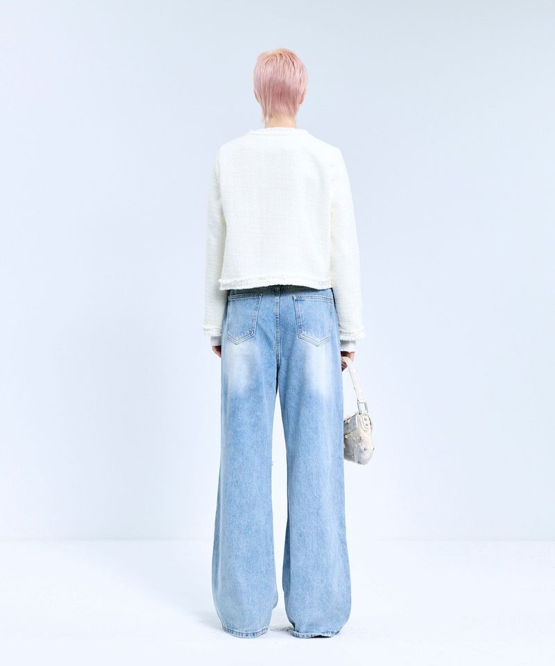 85-VIVAJ057 Line Fringe Crop Tweed Jacket White