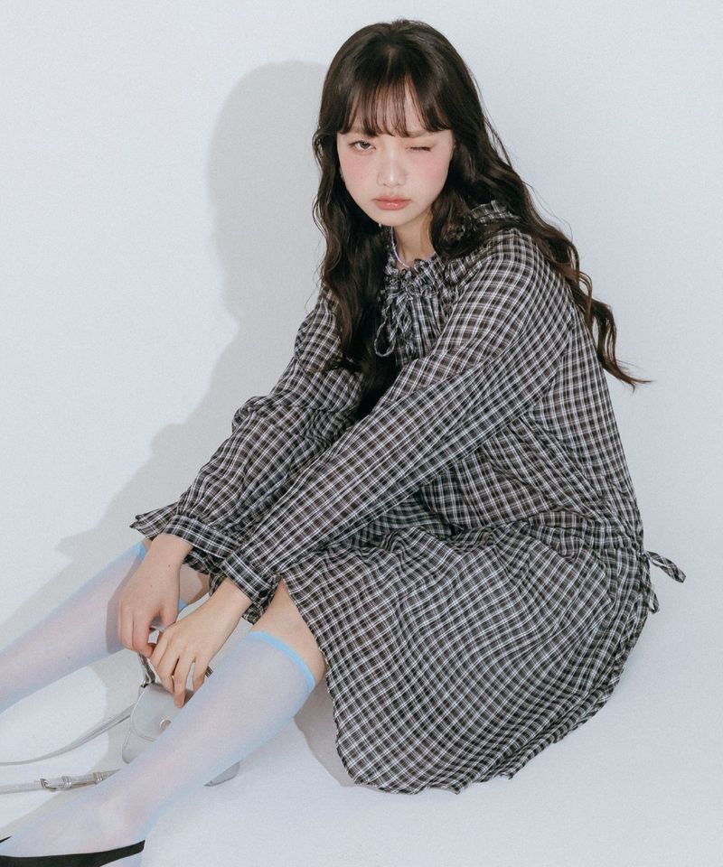 mellotory（メロートリー）の「FRILL NECK CHECK MIDI ONE-PIECE (BLACK)（Dresses）」