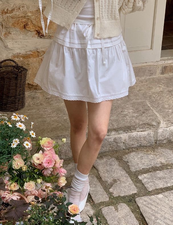 Pintuck String Ribbon Lace Mini Skirt (3color)