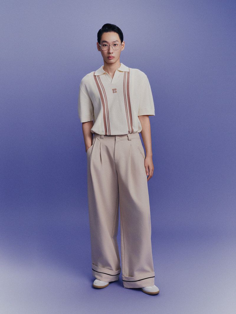 DVRK PRIVÉ STRIPED PATTERN POINTELLE KNITTED POLO - CREAM