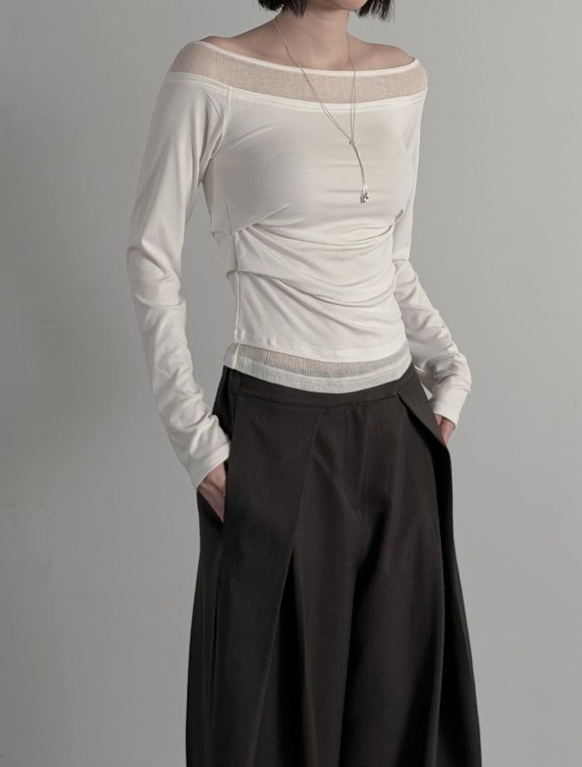 Ribbed Color Matching Layered Pintuck Boat Neck Tee