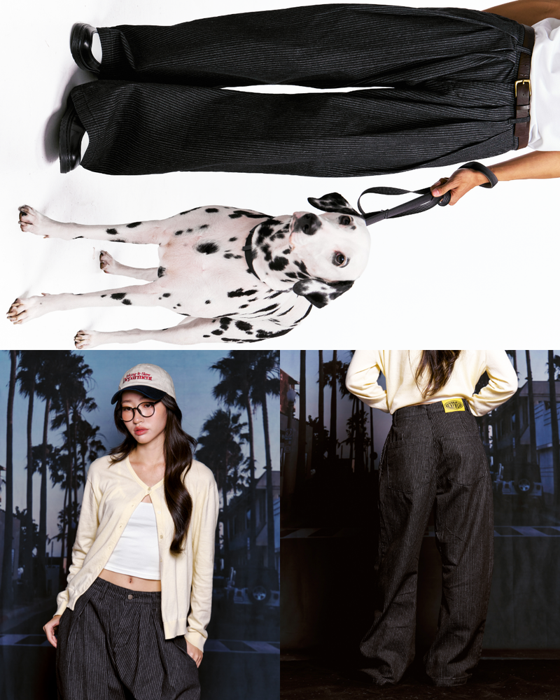 Pinstripe Pleated Baggy Jeans (Black)