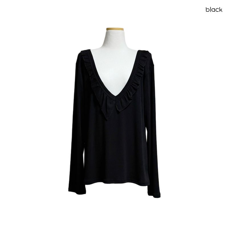 (3color) Ruffle Deep V-neck Slim Long Sleeve Tee